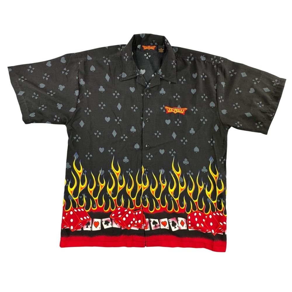 Las Vegas Flame Dice Poker Gambling Playing Cards Button Up Shirt Mens XL Black